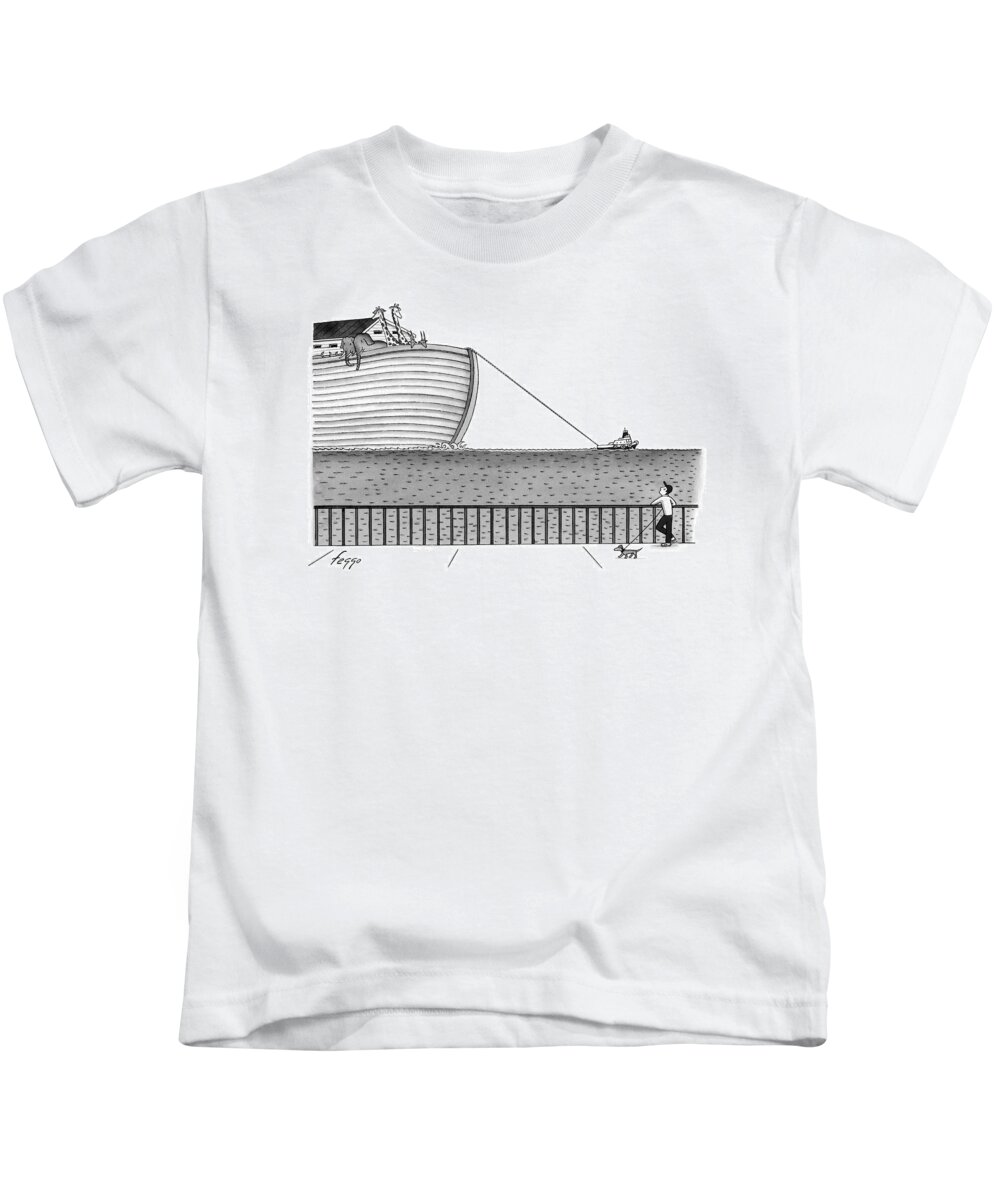Noah's Ark Kids T-Shirt featuring the drawing A Tugboat Tows Noah's Ark Across The Ocean. A Man by Felipe Galindo