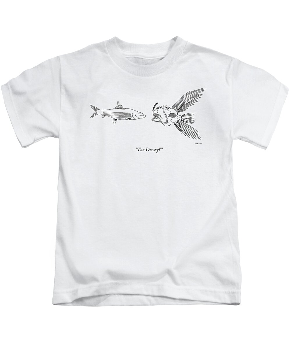 Animals Kids T-Shirt featuring the drawing A Very Elaborate-looking Fish Is Seen Speaking by Michael Shaw