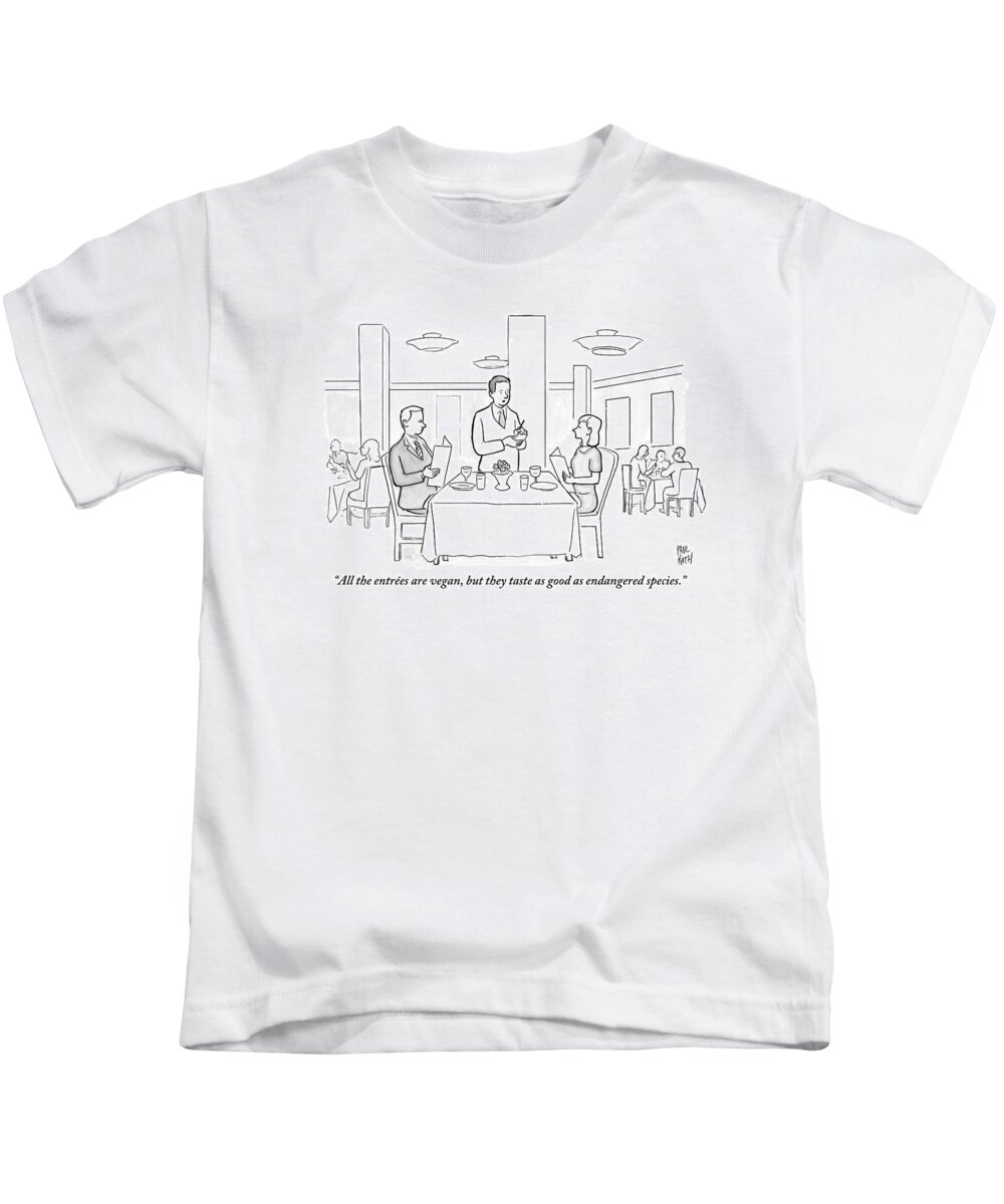 Waiters Kids T-Shirt featuring the drawing A Waiter Addresses A Couple Who Are Seated by Paul Noth