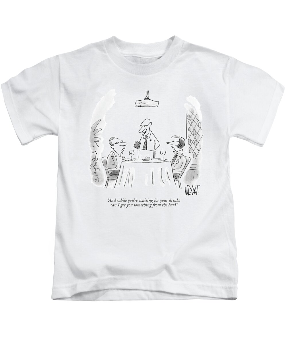 Drinking Kids T-Shirt featuring the drawing A Waiter Speaks To A Couple At A Restaurant Table by Christopher Weyant