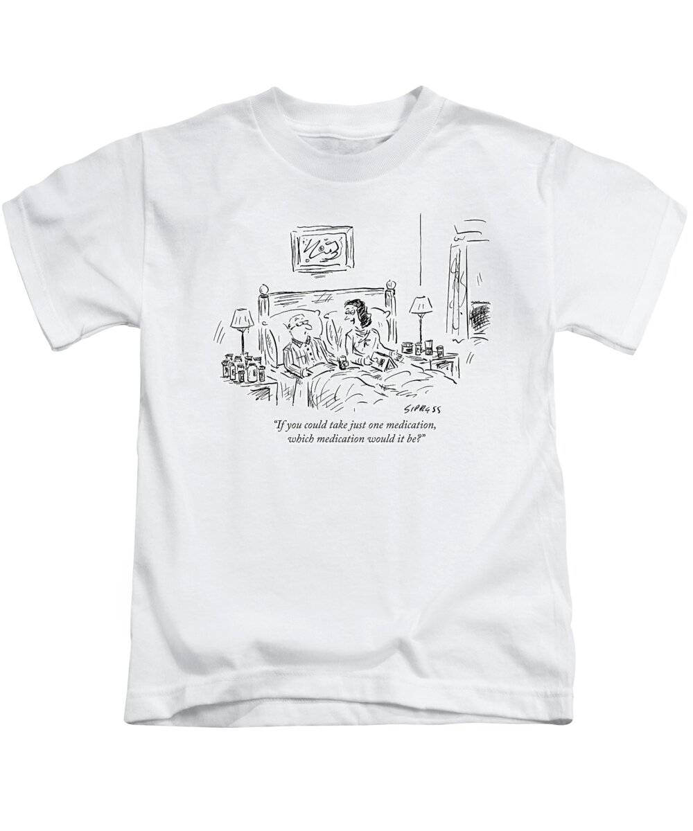 Husband/wife Kids T-Shirt featuring the drawing A Wife Lies Besides Her Husband In Bed Who by David Sipress