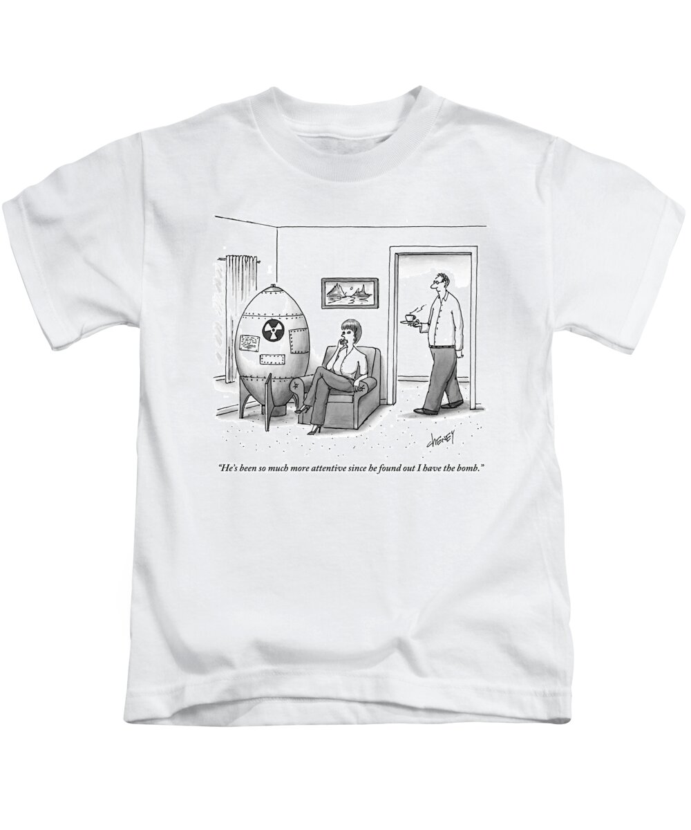 Atom Bomb Kids T-Shirt featuring the drawing A Wife On The Phone Sits Next To A Bomb by Tom Cheney