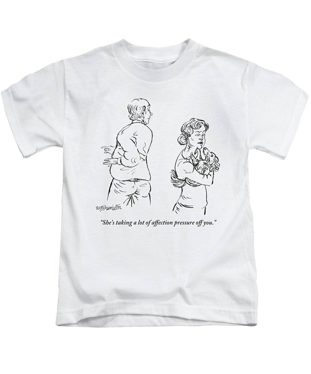 Dogs Kids T-Shirt featuring the drawing A Woman Holding A Dog Speaks To Her Husband by William Hamilton