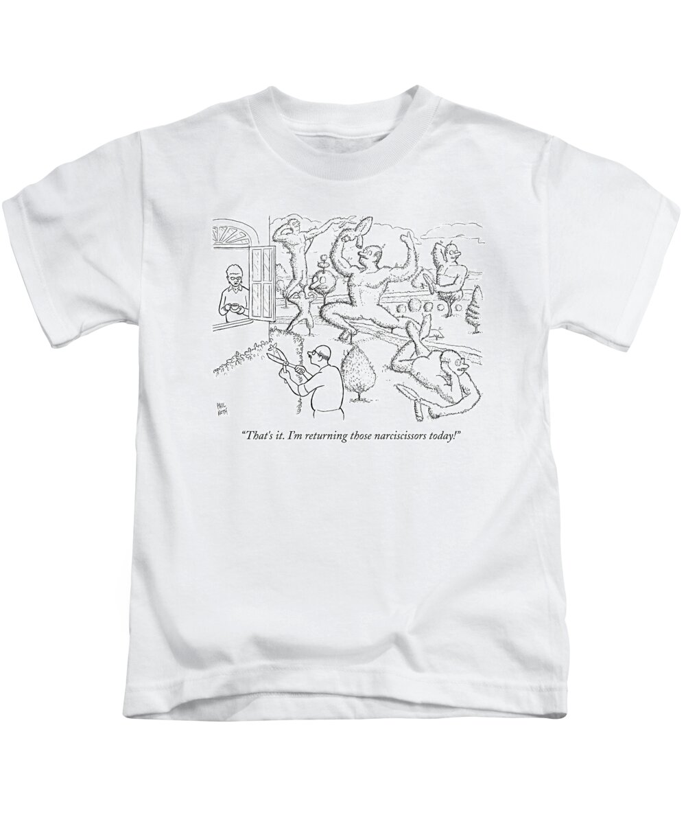 Garden Kids T-Shirt featuring the drawing A Woman Is Seen Speaking To A Man Who Is Pruning by Paul Noth