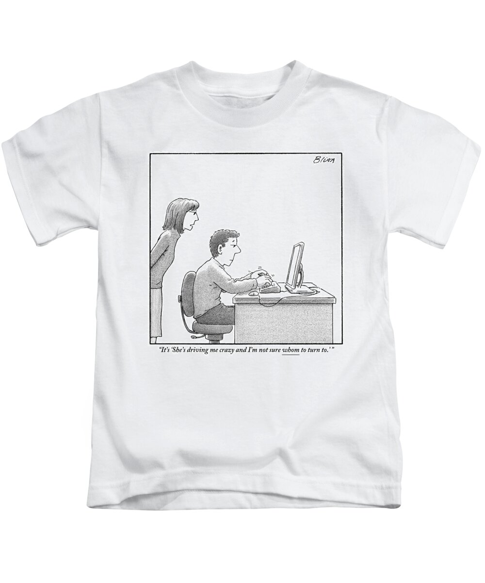 Computer Kids T-Shirt featuring the drawing A Woman Looks Over Her Husband's Shoulder by Harry Bliss
