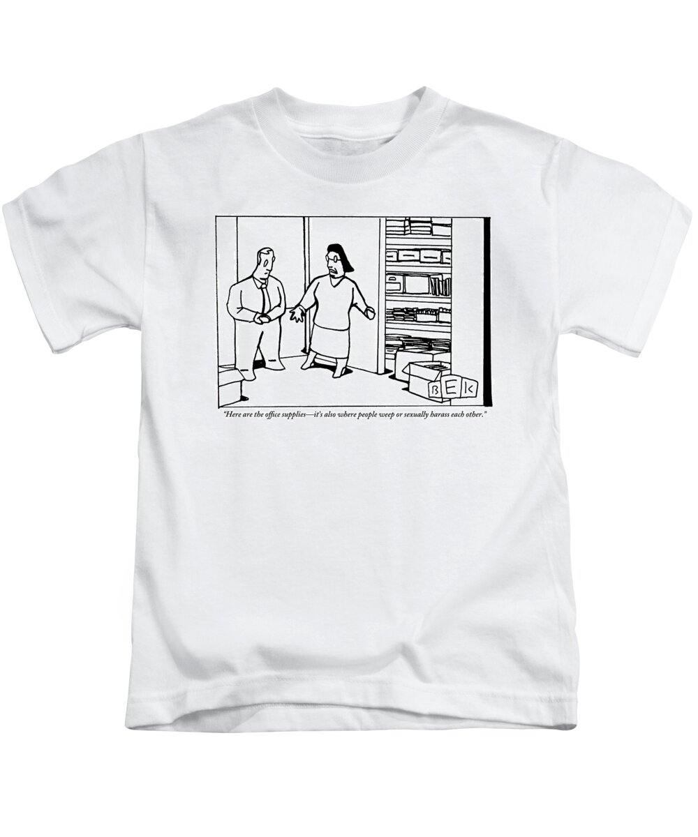 Tours Kids T-Shirt featuring the drawing A Woman Opens The Door To A Supply Closet by Bruce Eric Kaplan