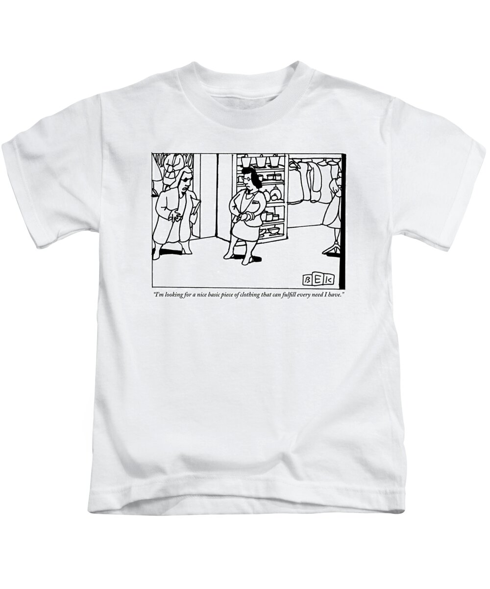 Shopping Kids T-Shirt featuring the drawing A Woman Shops In A Dress Store For An Outfit by Bruce Eric Kaplan