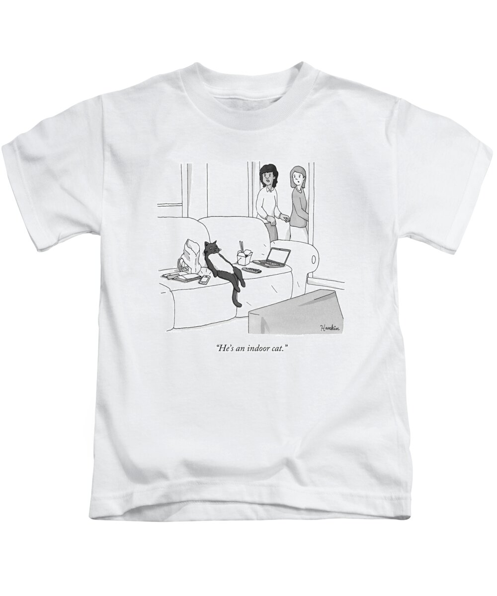 Pet Kids T-Shirt featuring the drawing He's an Indoor Cat by Charlie Hankin