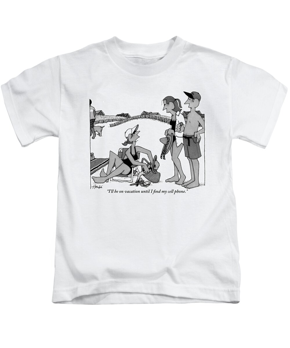 Vacations Kids T-Shirt featuring the drawing A Woman Talks To Two Of Her Friends On The Beach by William Haefeli