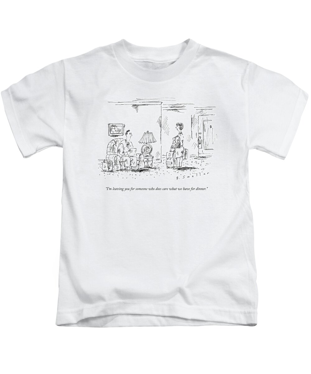 Arguments Kids T-Shirt featuring the drawing A Woman With Luggage Confronts Her Husband by Barbara Smaller