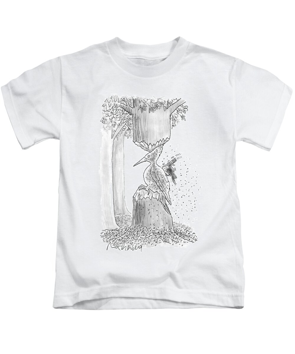 Trees Kids T-Shirt featuring the drawing A Woodpecker Is Using His Beak To Carve Is Own by Mort Gerberg