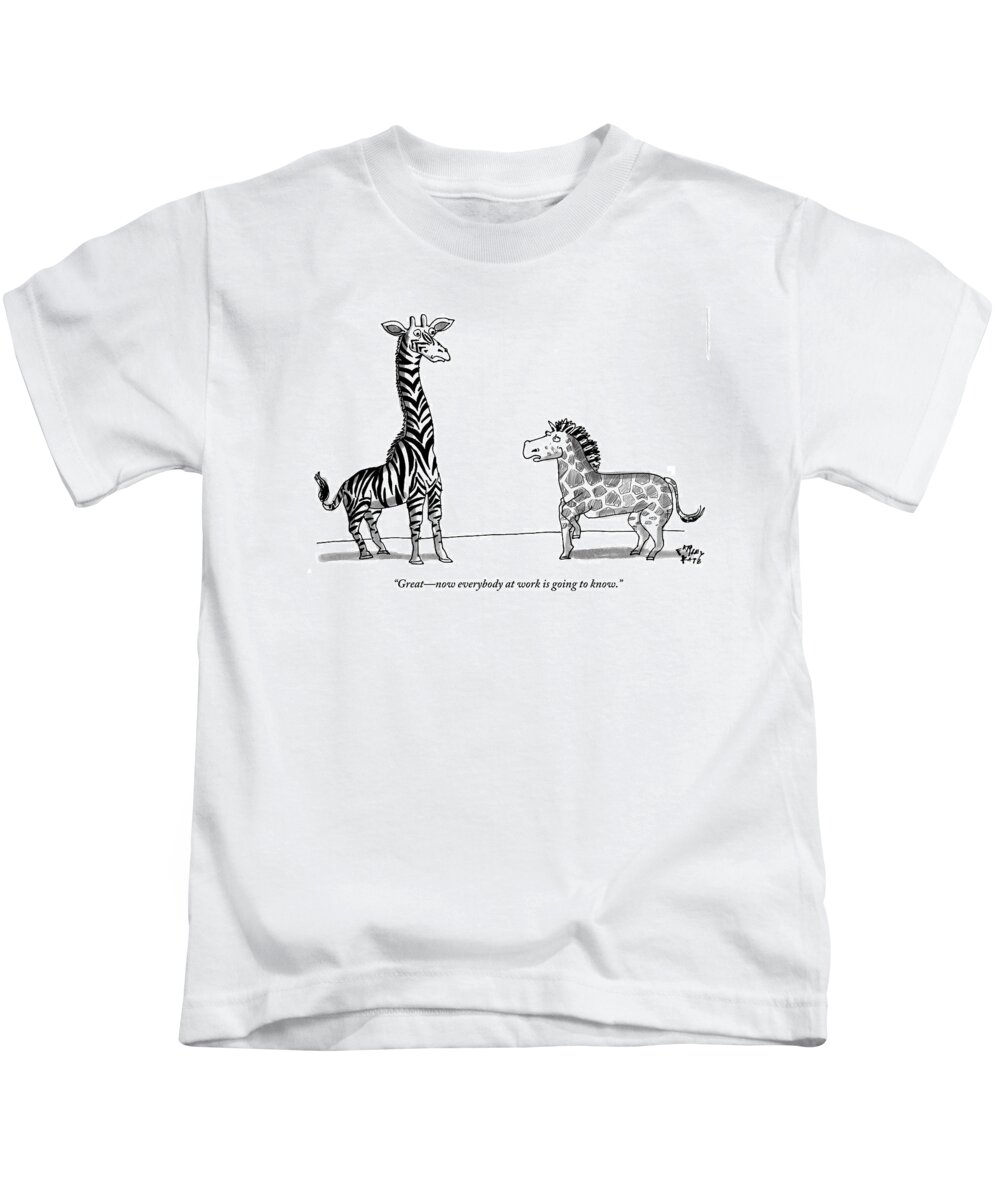Love Affair Kids T-Shirt featuring the drawing A Zebra With Giraffe Spots Is Seen Speaking by Farley Katz