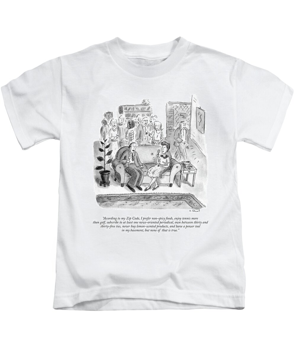 (couple Talking At Party)
Marketing Kids T-Shirt featuring the drawing According To My Zip Code by Roz Chast
