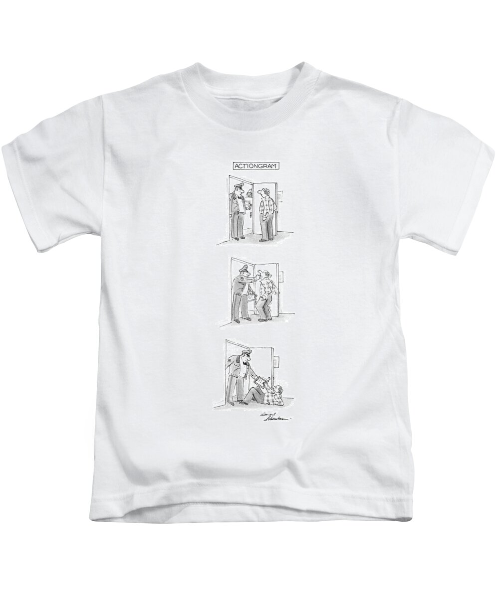 No Caption
Actiongram.title.series Of 3.man Answers Door To Man Delivering An Deliveryman Hits Him In The Face Kids T-Shirt featuring the drawing Actiongram by Bernard Schoenbaum