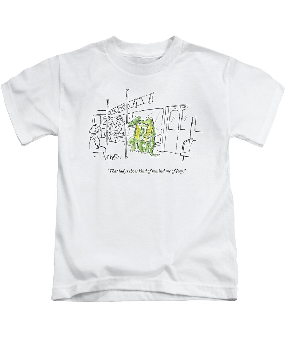 Alligators/crocodiles Kids T-Shirt featuring the drawing Alligators Riding The Subway by Sidney Harris