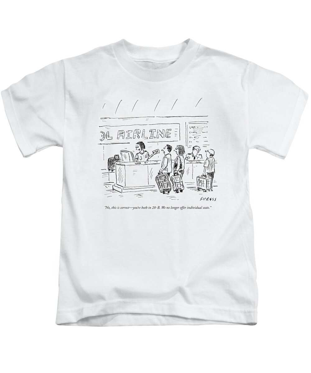 Airlines Kids T-Shirt featuring the drawing An Airline Concierge Checks The Computer For Two by David Sipress