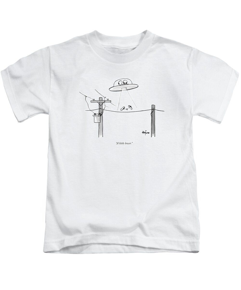 A Little Lower Kids T-Shirt featuring the drawing An Alien Space Craft Lowers Two Sneakers Tied by Kaamran Hafeez