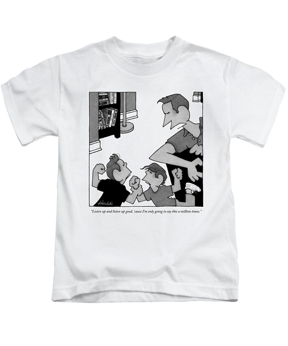 Children - Discipline Kids T-Shirt featuring the drawing An Angry Father Tells His Two Misbehaving Sons by William Haefeli