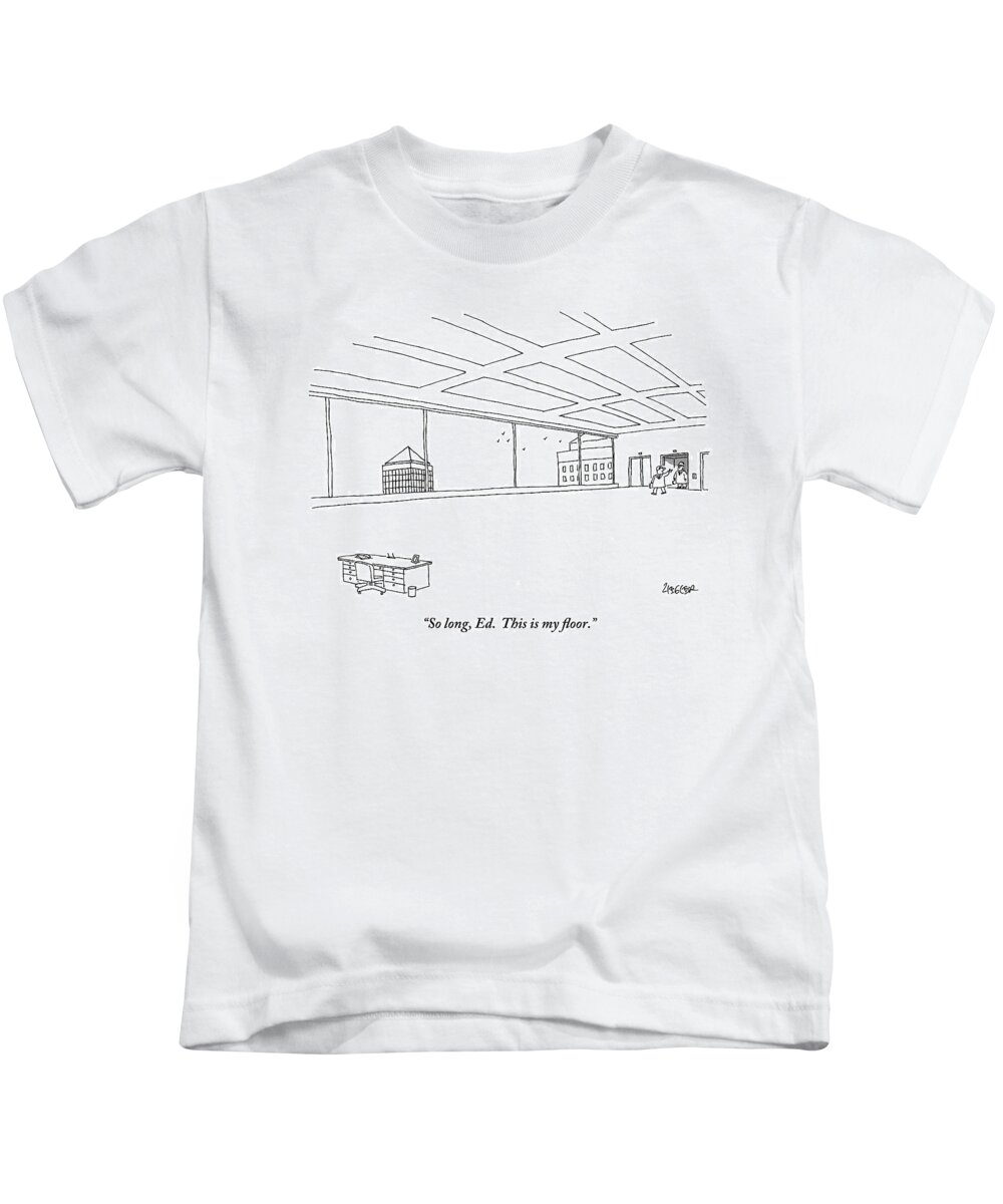 Offices Kids T-Shirt featuring the drawing An Elevator Opens Onto A Very Large Floor by Jack Ziegler
