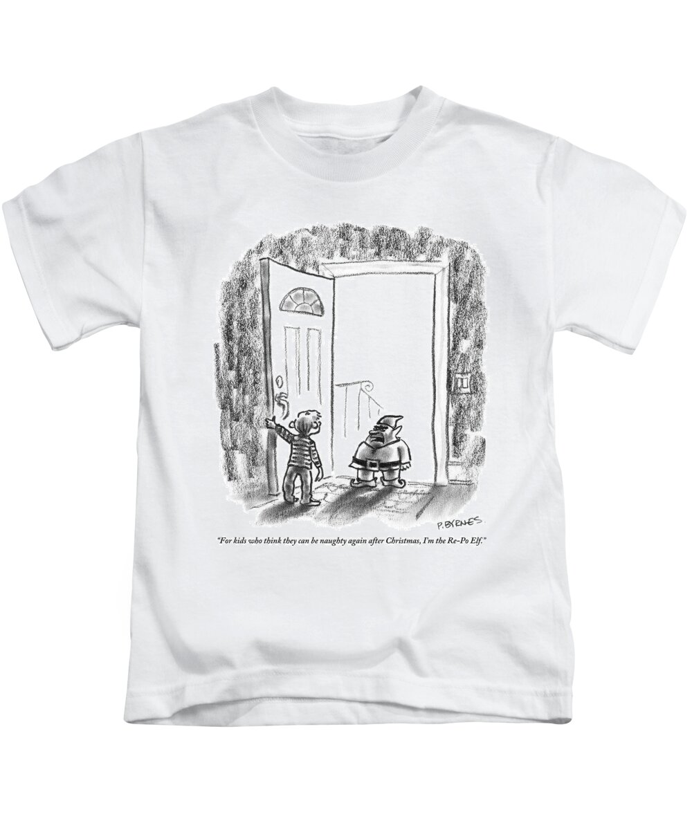 Holidays Kids T-Shirt featuring the drawing An Elf Arrives At A Child's Front Door by Pat Byrnes