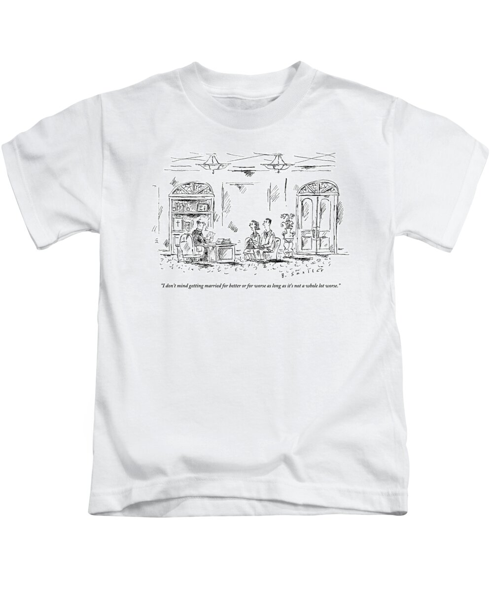 Priest Kids T-Shirt featuring the drawing An Engaged Couple Meets With A Priest In A Church by Barbara Smaller