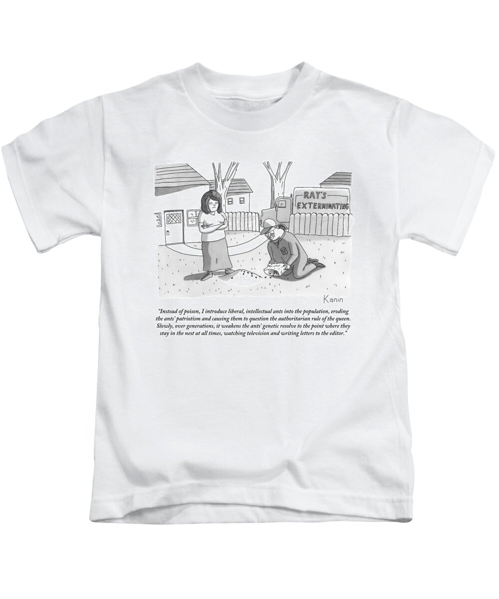 Ants Kids T-Shirt featuring the drawing An Exterminator Explains What He Is Doing by Zachary Kanin