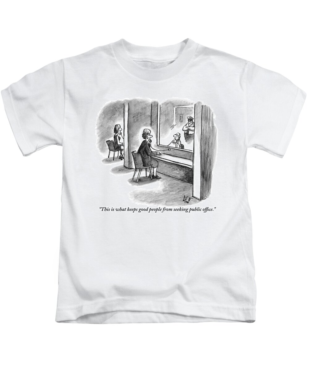 Prison Kids T-Shirt featuring the drawing An Imprisoned Man Speaking To A Woman Via A Jail by Frank Cotham