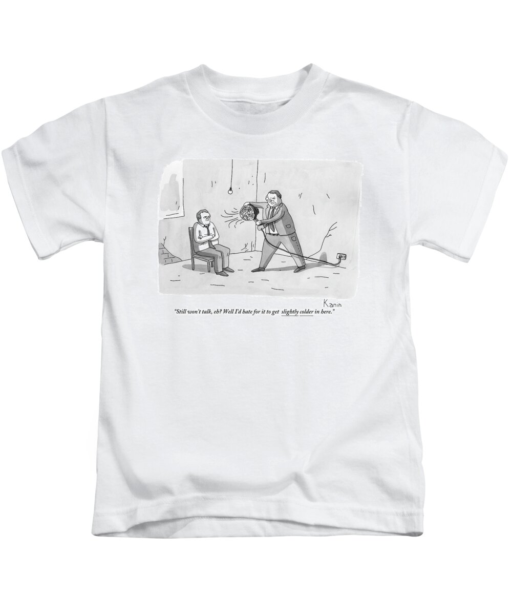 Interrogation Kids T-Shirt featuring the drawing An Interrogation Officer Points A Small Fan by Zachary Kanin