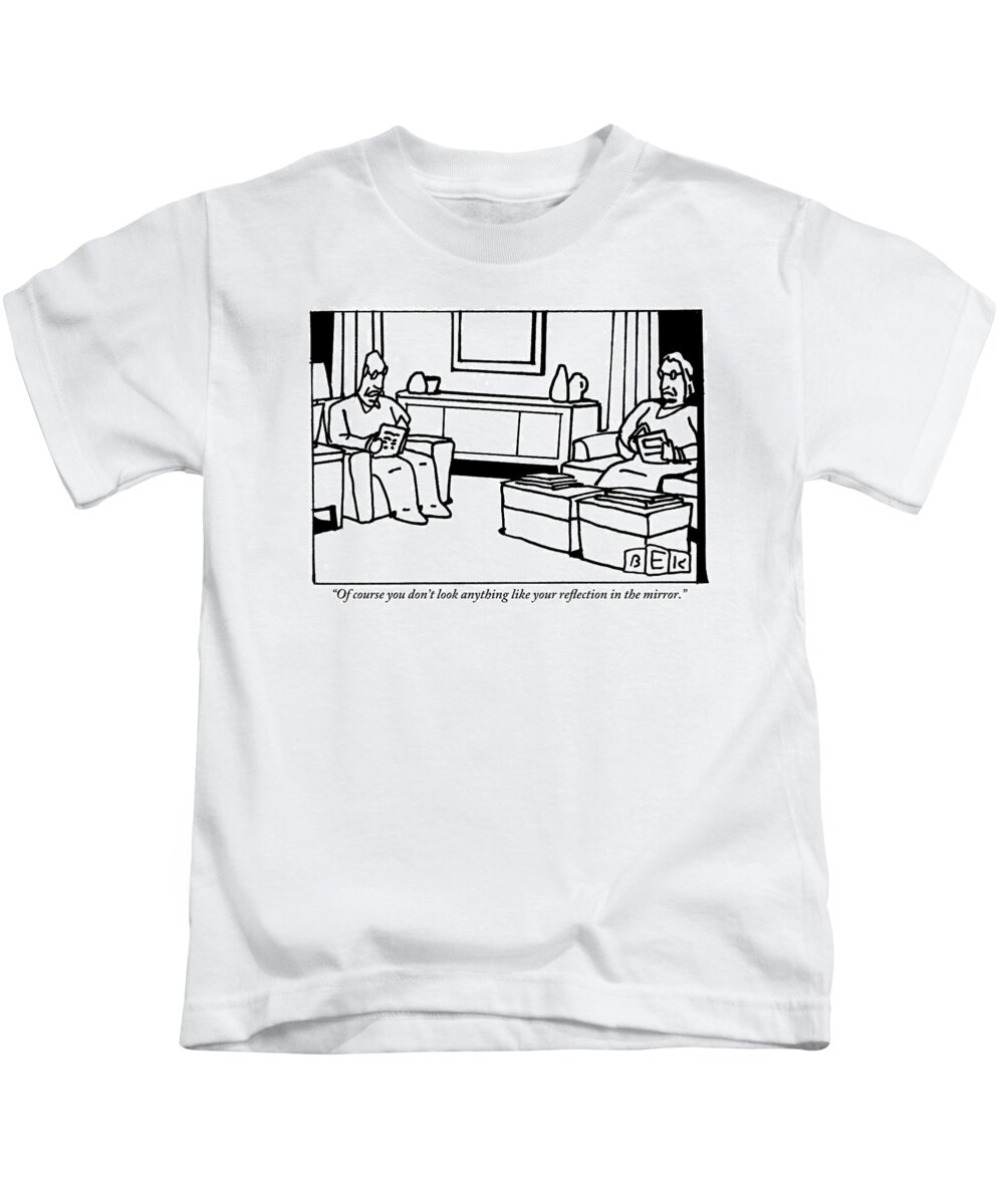Reflections Kids T-Shirt featuring the drawing An Old Man And Woman Sit On Furniture by Bruce Eric Kaplan