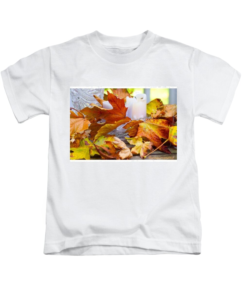 Still Life Kids T-Shirt featuring the photograph Maple leaves candles and crystal #1 by Anna Porter