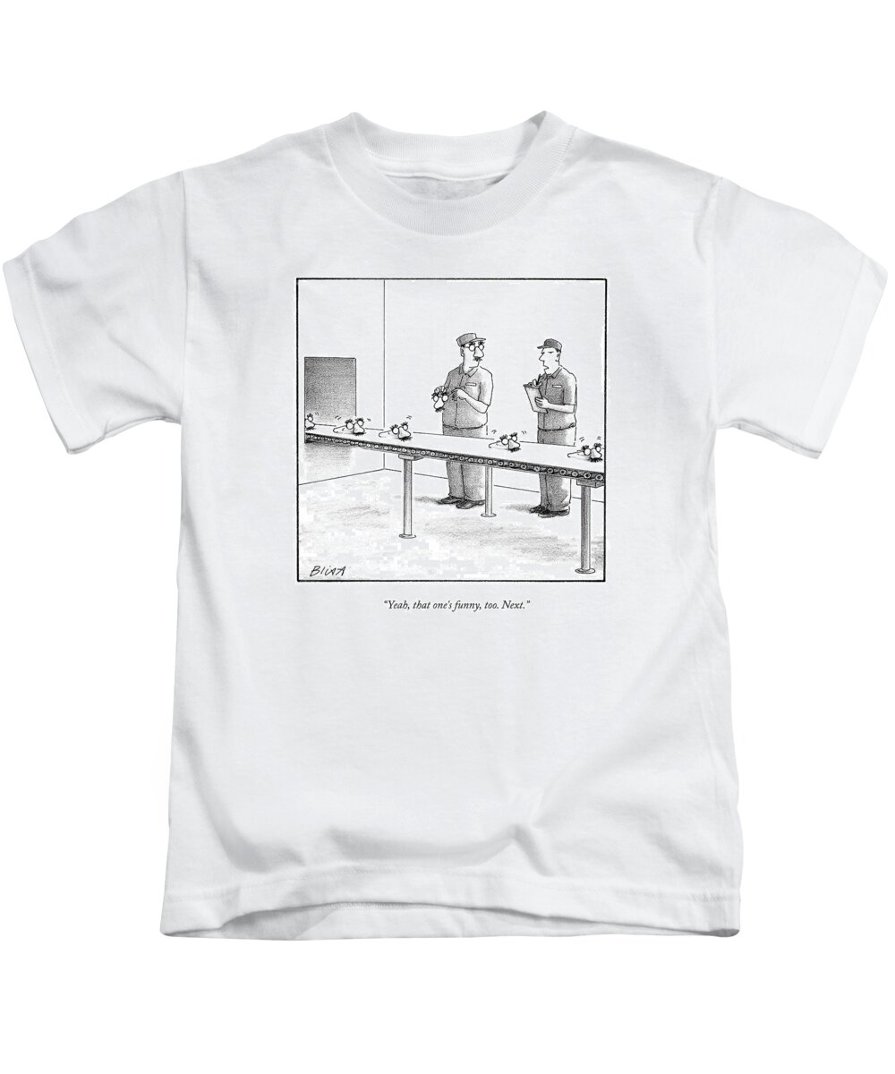 Factories Kids T-Shirt featuring the drawing Assembly Line Worker Trying On 'groucho Marx' by Harry Bliss