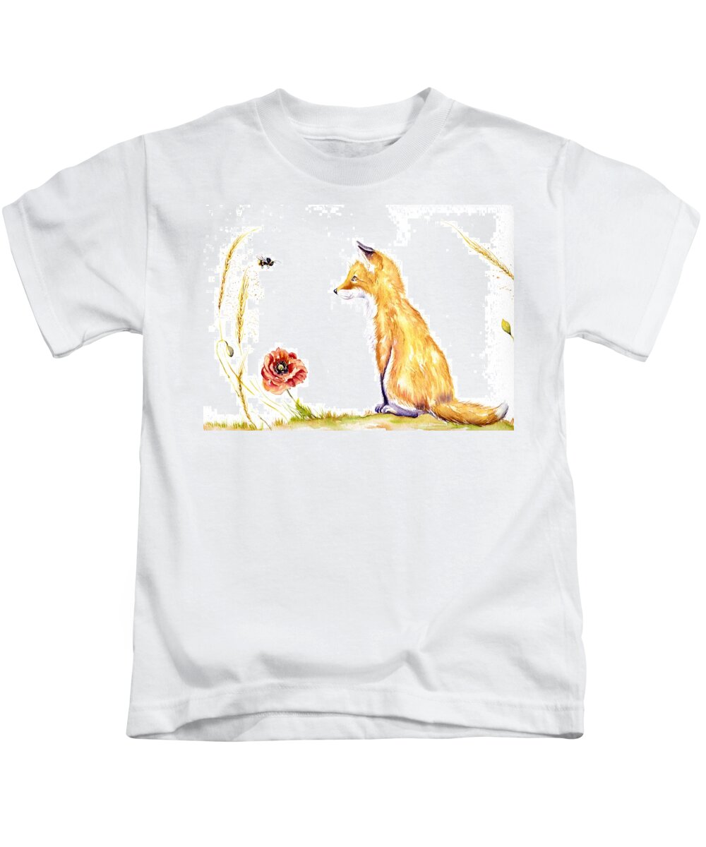 Fox Kids T-Shirt featuring the painting Fox Cub - Bee a Family by Debra Hall