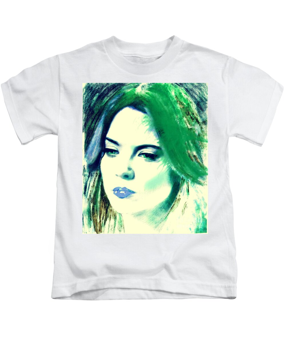 Portrait Kids T-Shirt featuring the mixed media Blue lips on Green by Kim Prowse