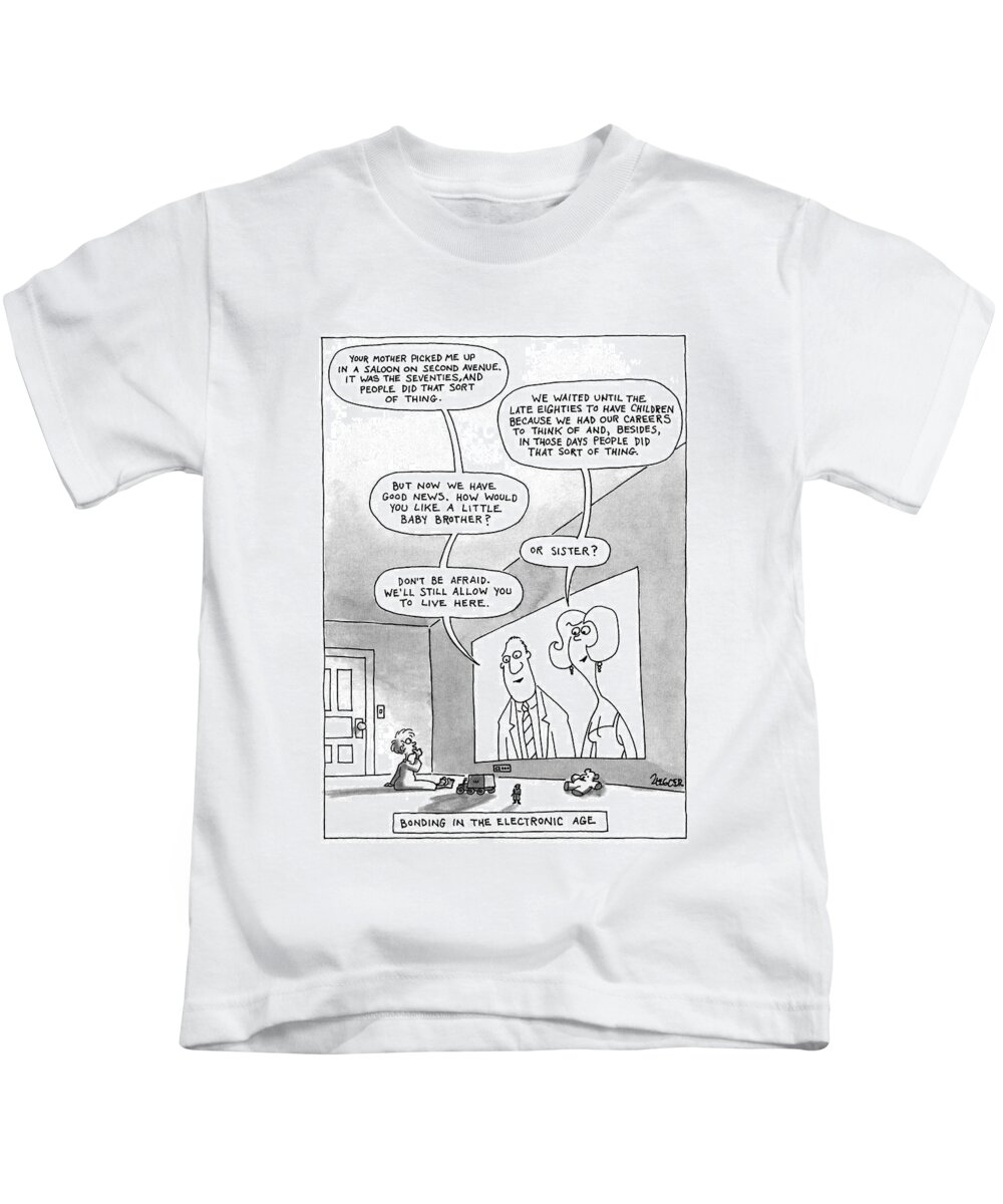 Parenting Kids T-Shirt featuring the drawing Bonding In The Electronic Age by Jack Ziegler
