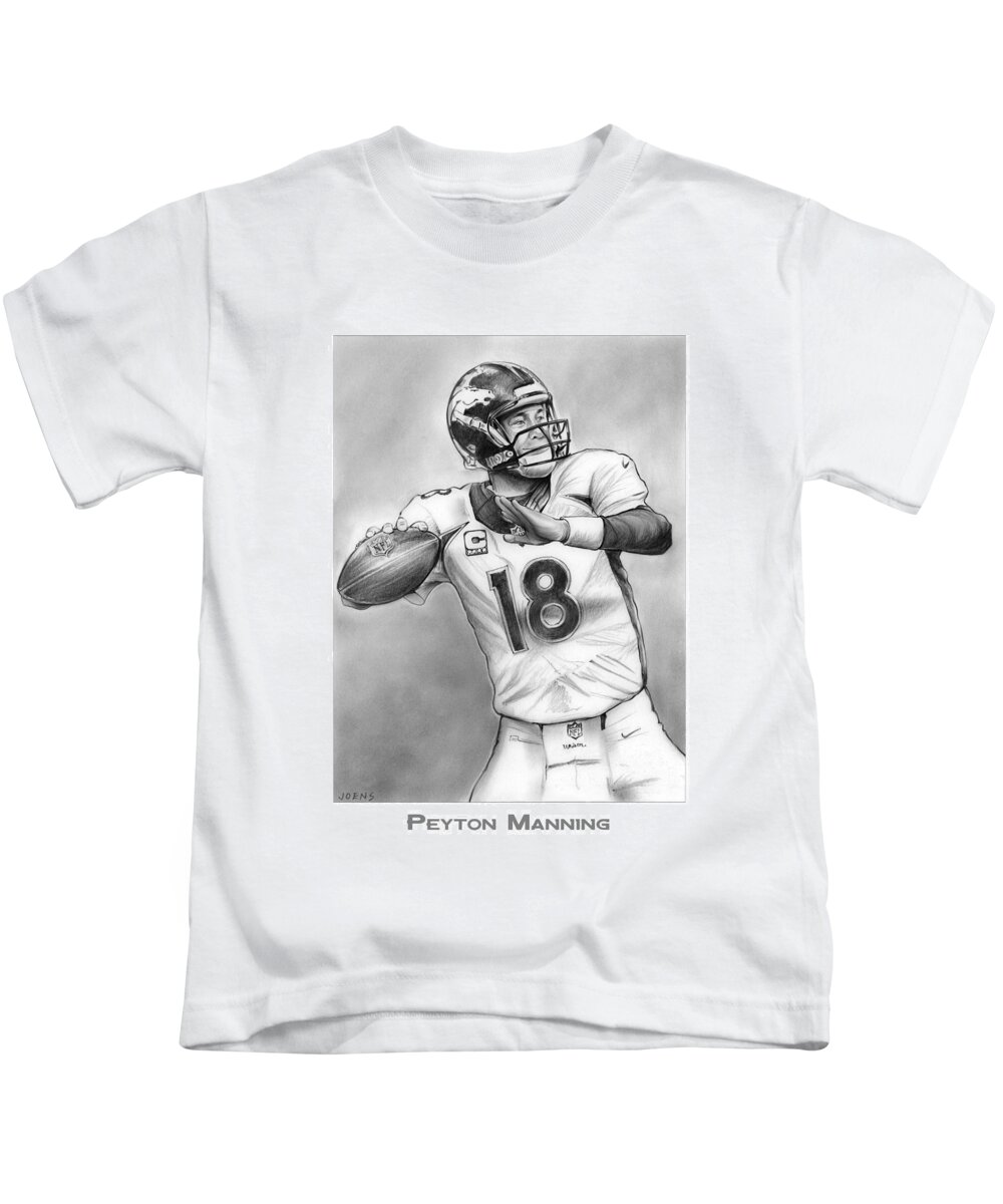 Nfl Football Broncos Peyton Manning Kids T-Shirt featuring the drawing Broncos Peyton Manning by Greg Joens