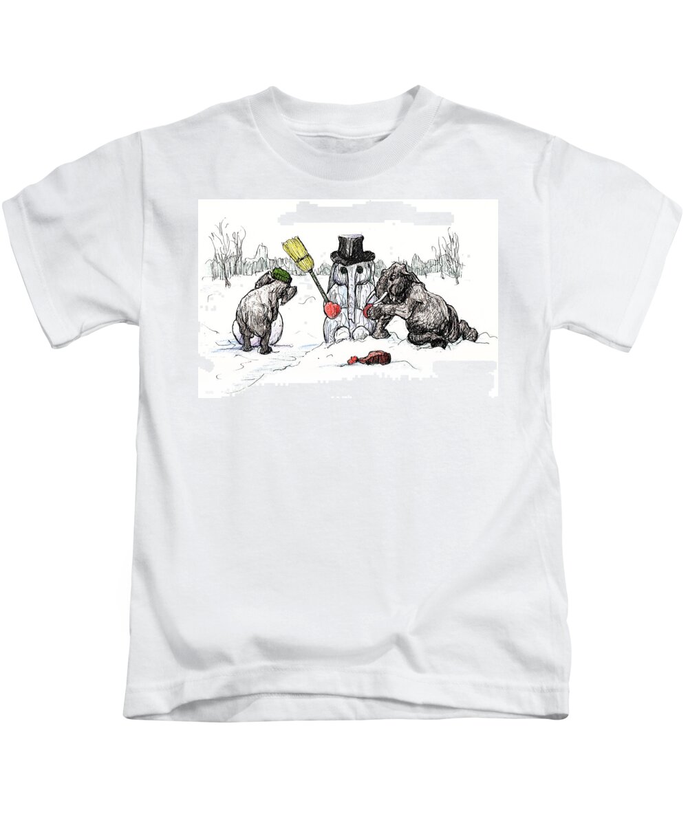 Pen And Ink Kids T-Shirt featuring the painting Building a Snow Elephant by Donna Tucker