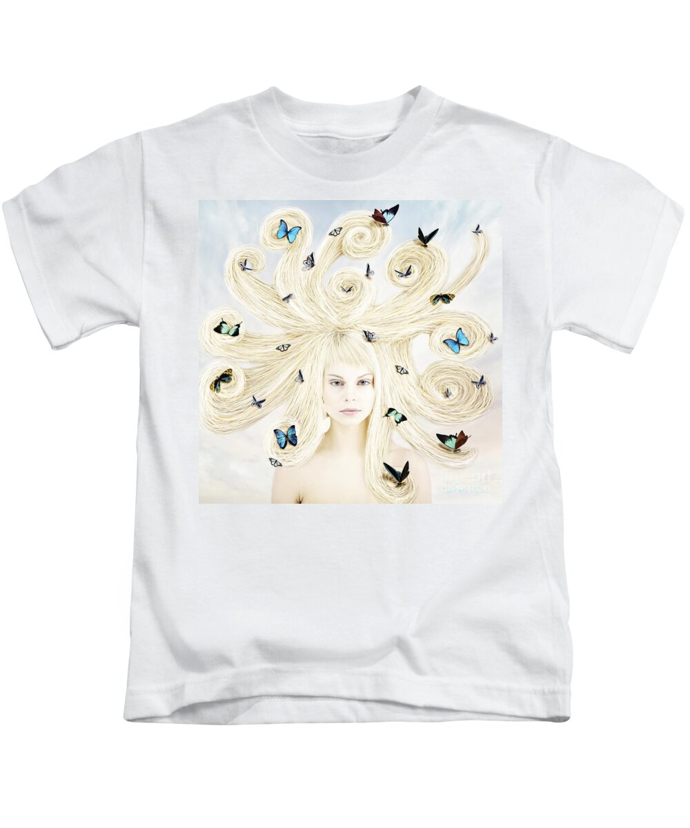 Girl Kids T-Shirt featuring the digital art Butterfly girl by Linda Lees