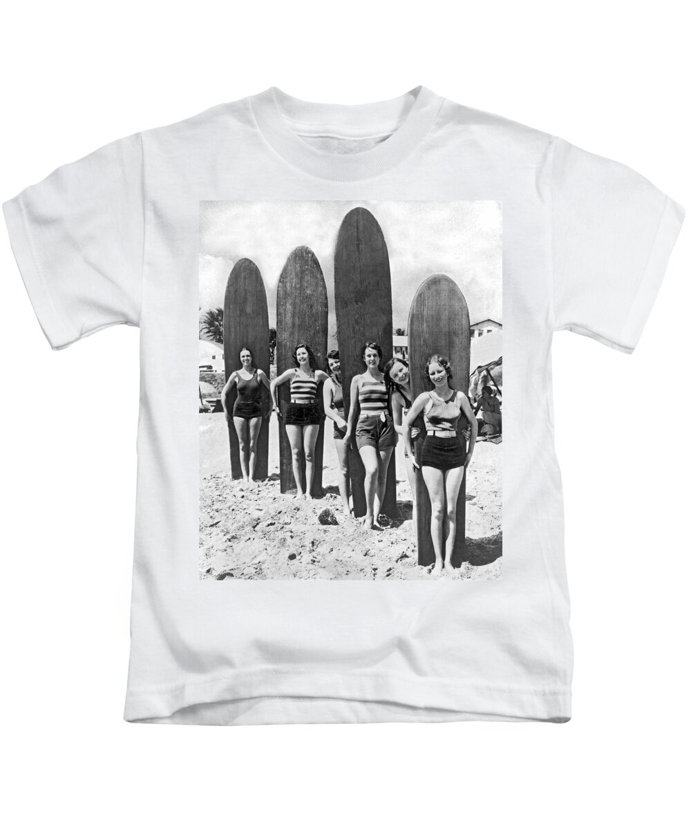1930 Kids T-Shirt featuring the photograph California Surfer Girls by Underwood Archives