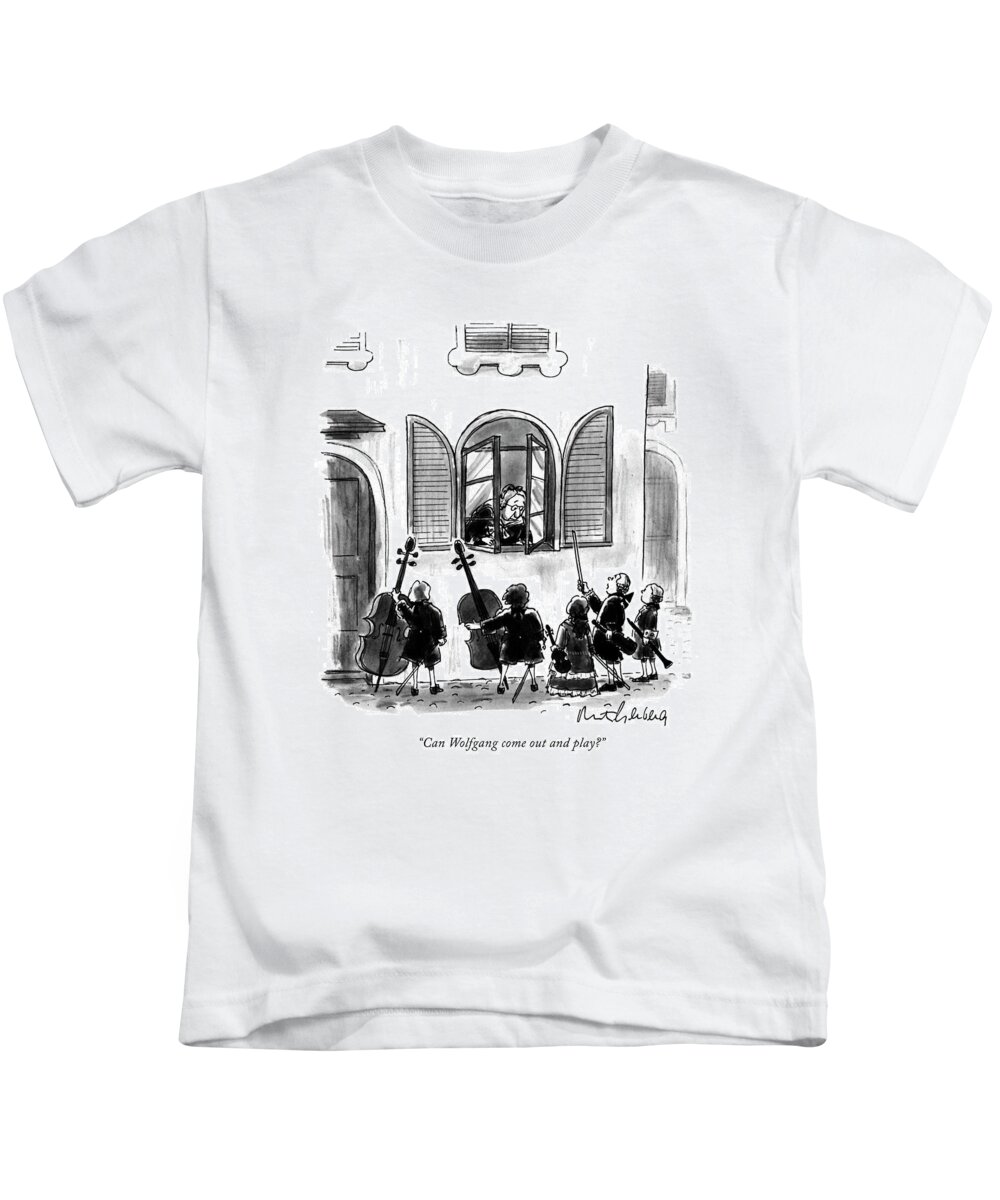  Kids T-Shirt featuring the drawing Can Wolfgang Come Out And Play? by Mort Gerberg