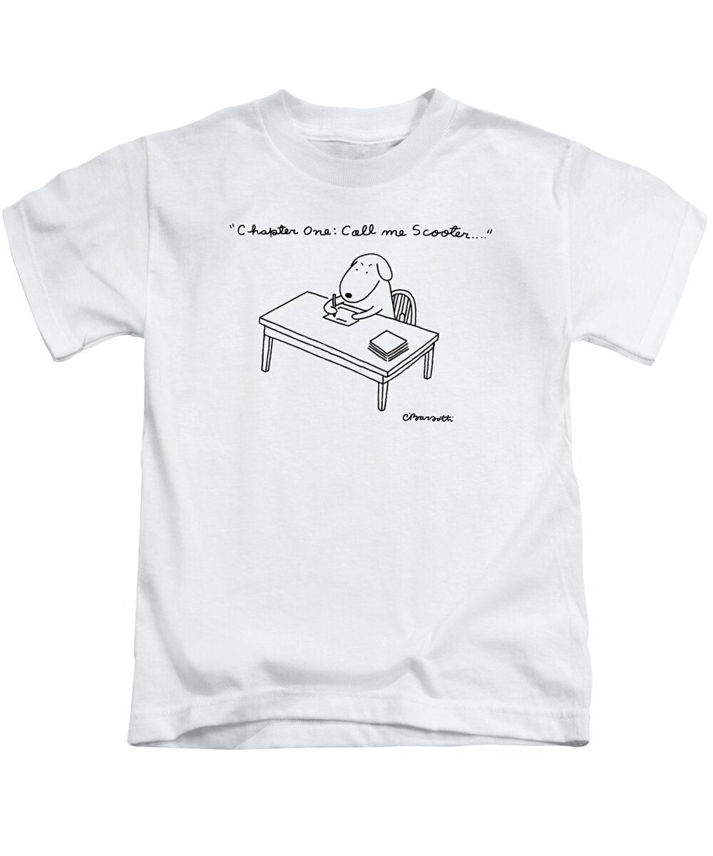 
 A Dog Sits At A Desk Kids T-Shirt featuring the drawing Chapter One: Call Me Scooter by Charles Barsotti