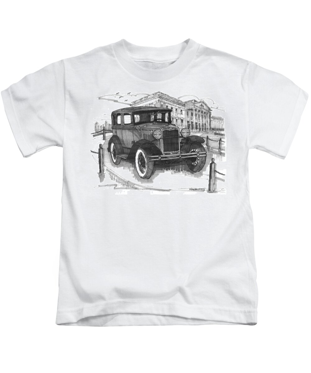 Classic Auto Kids T-Shirt featuring the drawing Classic Auto with Mills Mansion by Richard Wambach