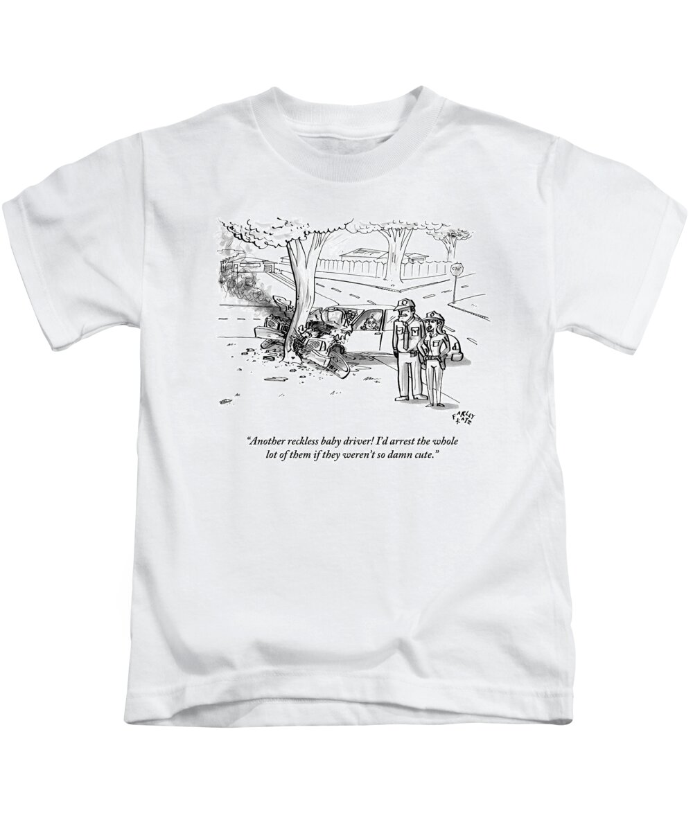 Autos -- Accidents Kids T-Shirt featuring the drawing Cop Talks To His Partner As They Observe A Car by Farley Katz