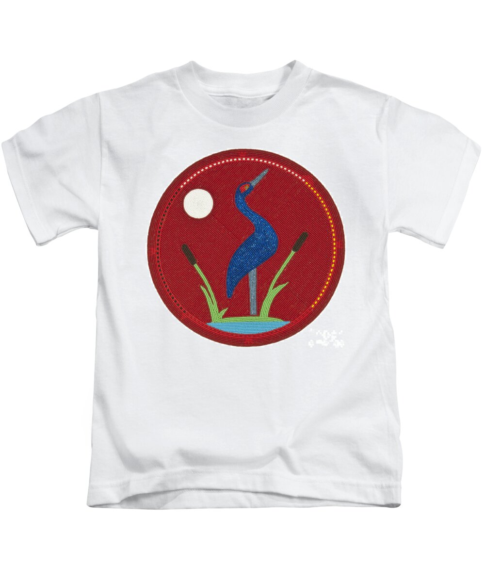 Crane Kids T-Shirt featuring the digital art Cradleboard Beadwork Summer Crane by Douglas Limon