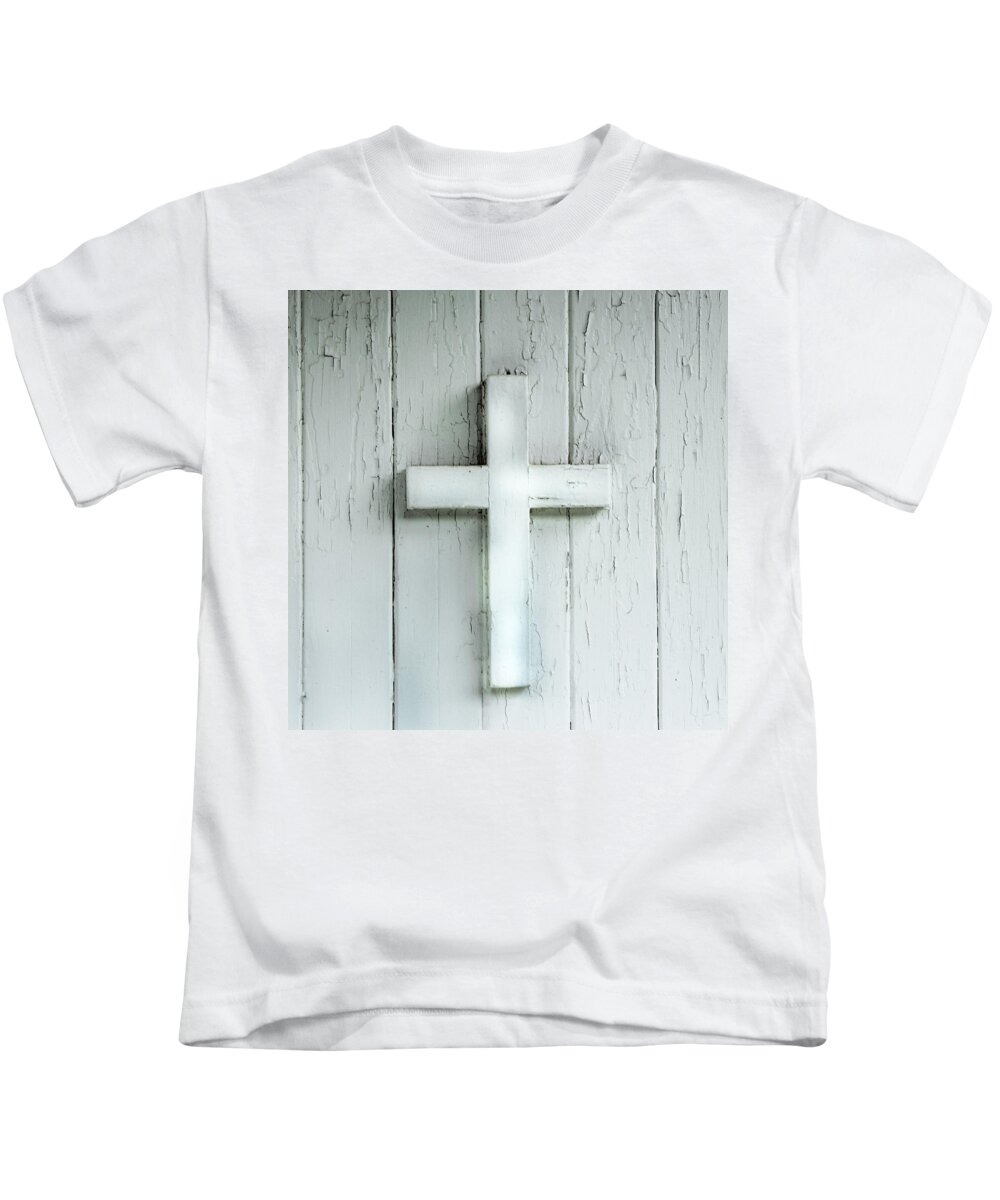 Evie Kids T-Shirt featuring the photograph Cross on Holy Angels Sugar Island Michigan by Evie Carrier