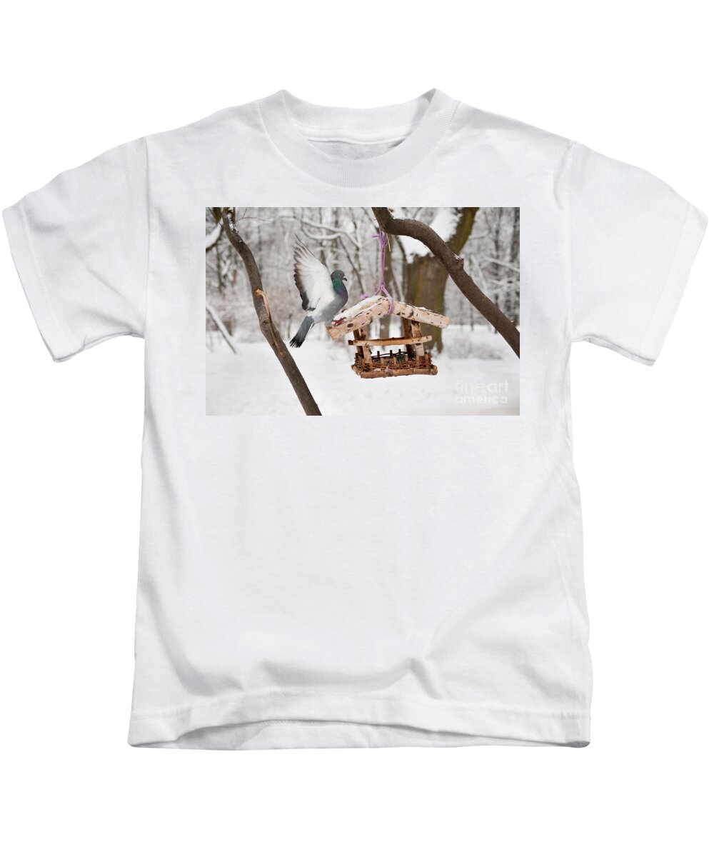  Alive Kids T-Shirt featuring the photograph Hungry Pigeon Sitting On Bird Feeder by Arletta Cwalina