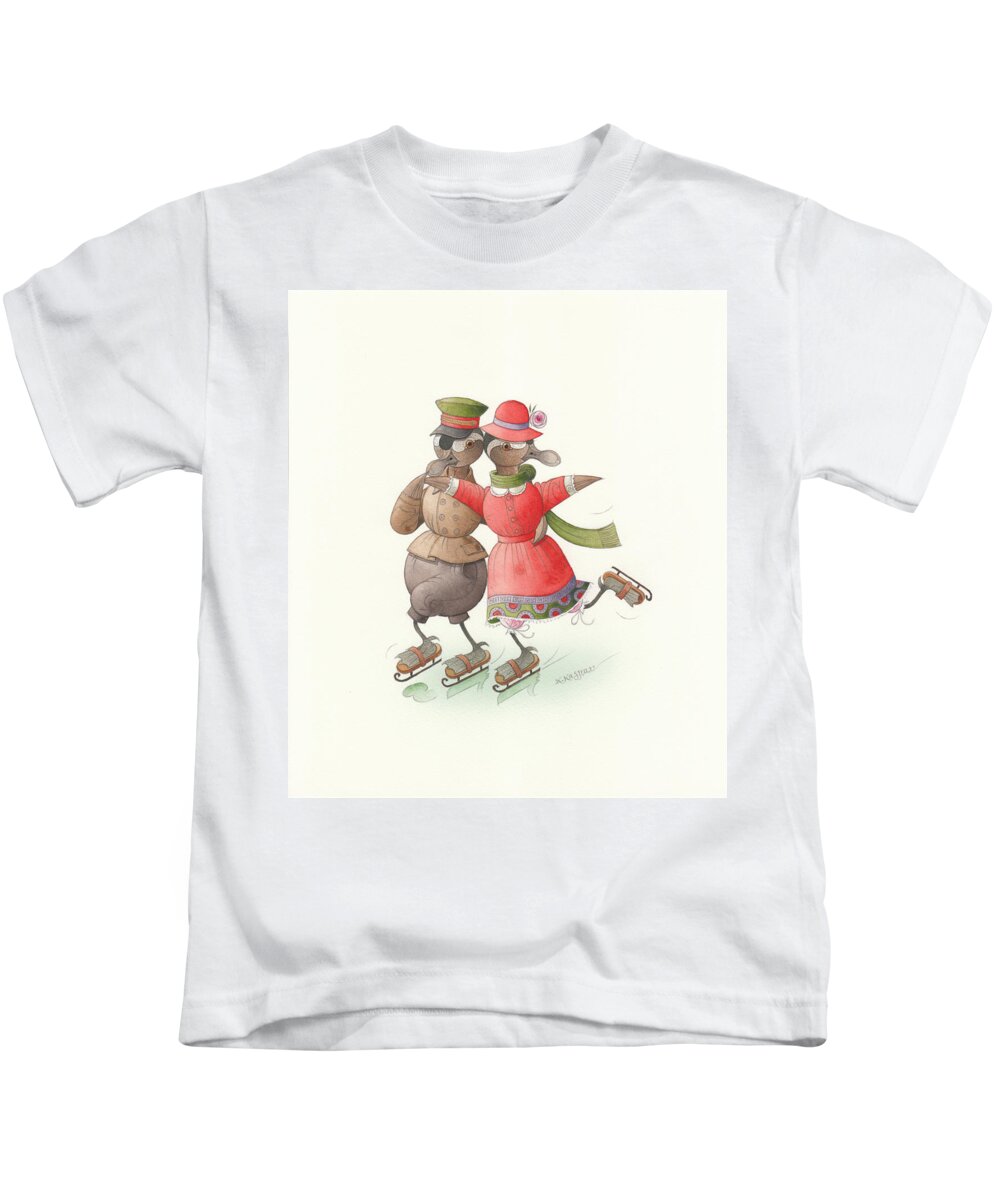 Christmas Ice Snow Winter Duck Birds Red White Greeting Cards Kids T-Shirt featuring the painting Ducks on skates 01 by Kestutis Kasparavicius
