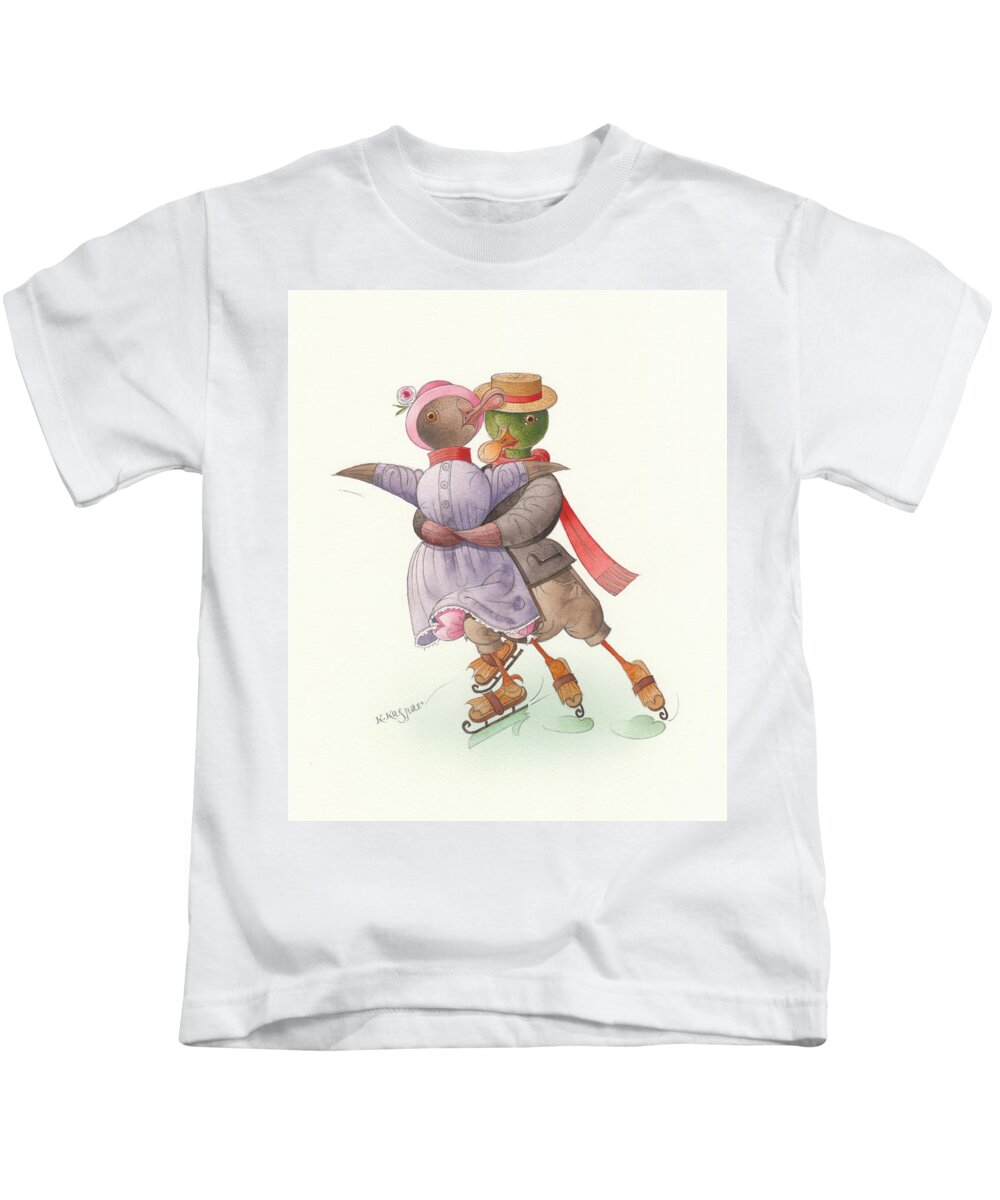 Christmas Ducks Winter Snow Ice Skate Greeting Cards Violet Green Dance Kids T-Shirt featuring the painting Ducks on skates 05 by Kestutis Kasparavicius