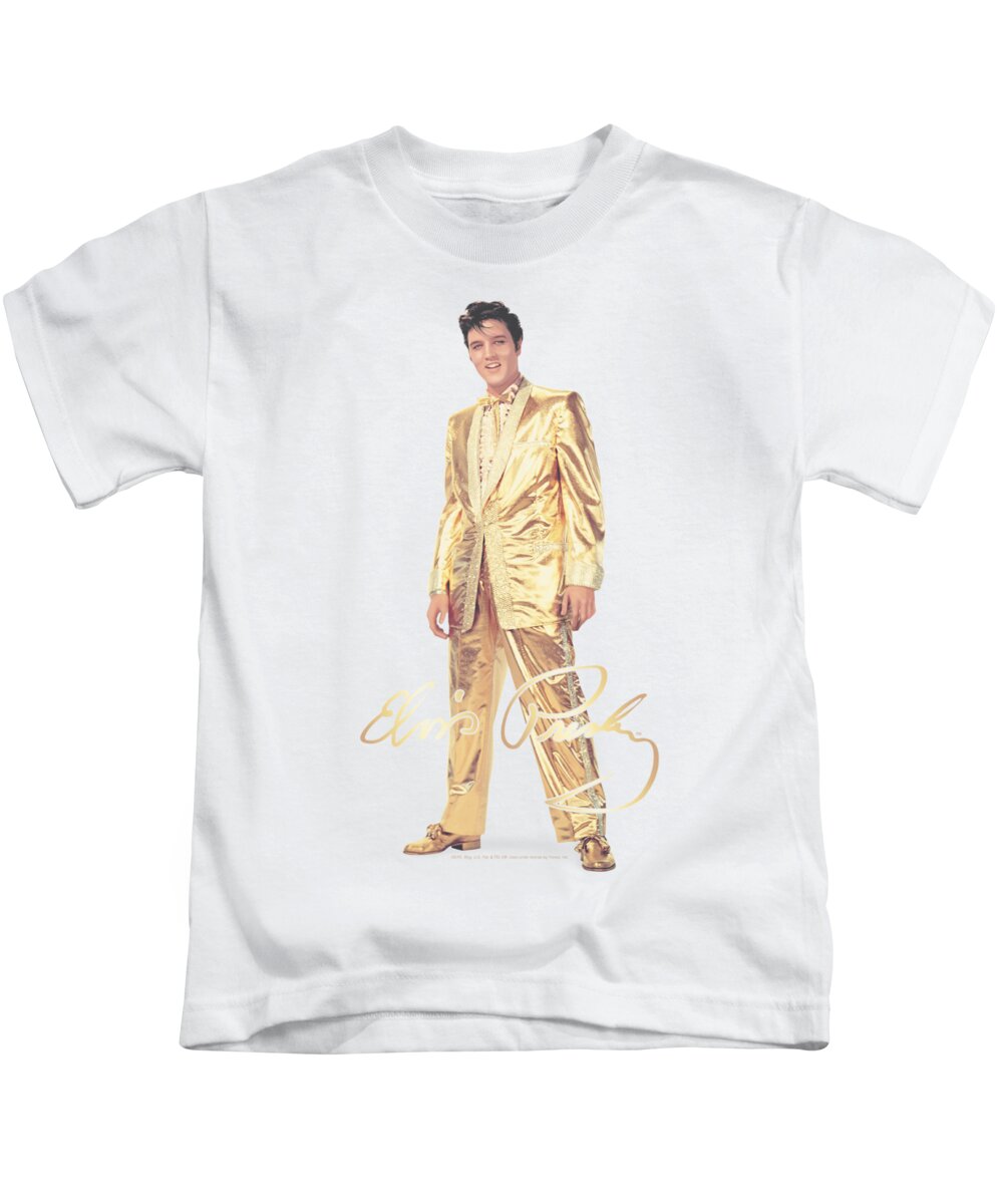 Elvis Kids T-Shirt featuring the digital art Elvis - Gold Lame Suit by Brand A