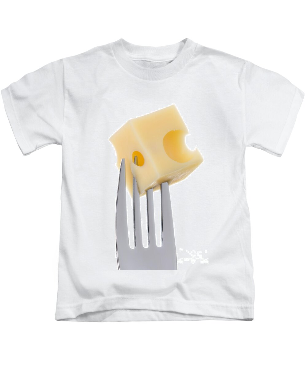Emmental Cheese On Fork Against White Background Kids T-Shirt