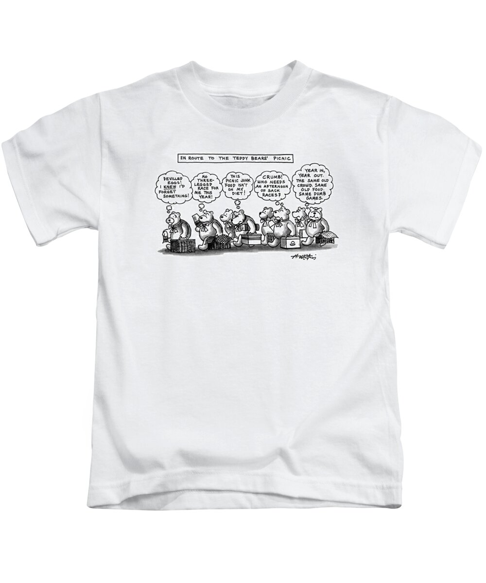 
En Route To The Teddy Bears' Picnic: Title. Teddy Bears Walk To Picnic Kids T-Shirt featuring the drawing En Route To The Teddy Bears' Picnic by Henry Martin